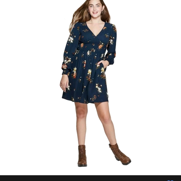 Xhilaration Dresses & Skirts - Xhilaration Navy Floral Long Sleeve Fit & Flare Mini Dress XS Boho Fall NWT